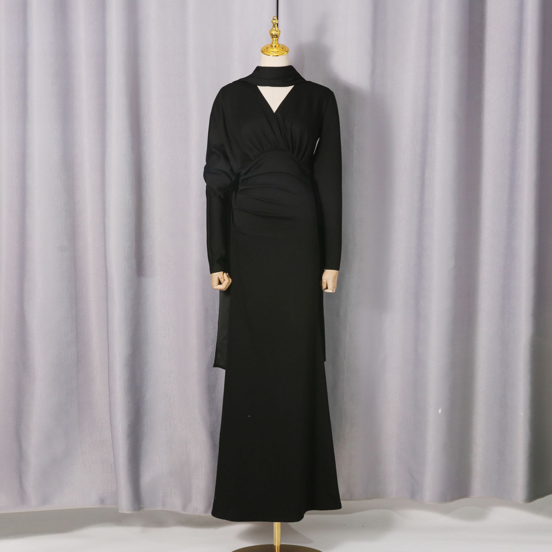 Tailored Polyester Maxi Dress with Ruched Bodice