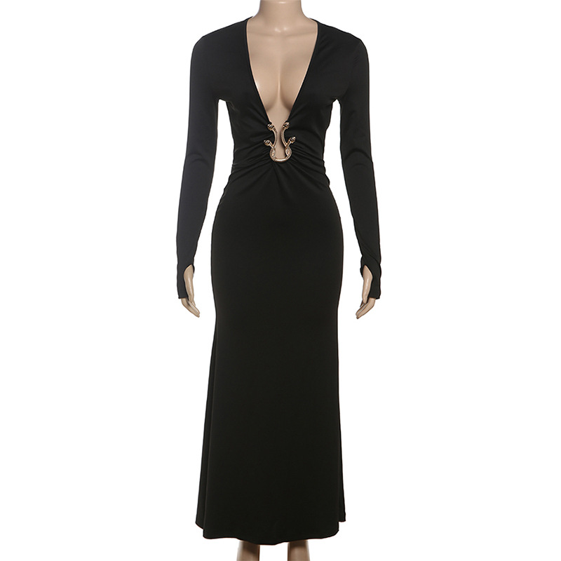Plunging Cutout High-Waist Full-Sleeve Pencil Dress