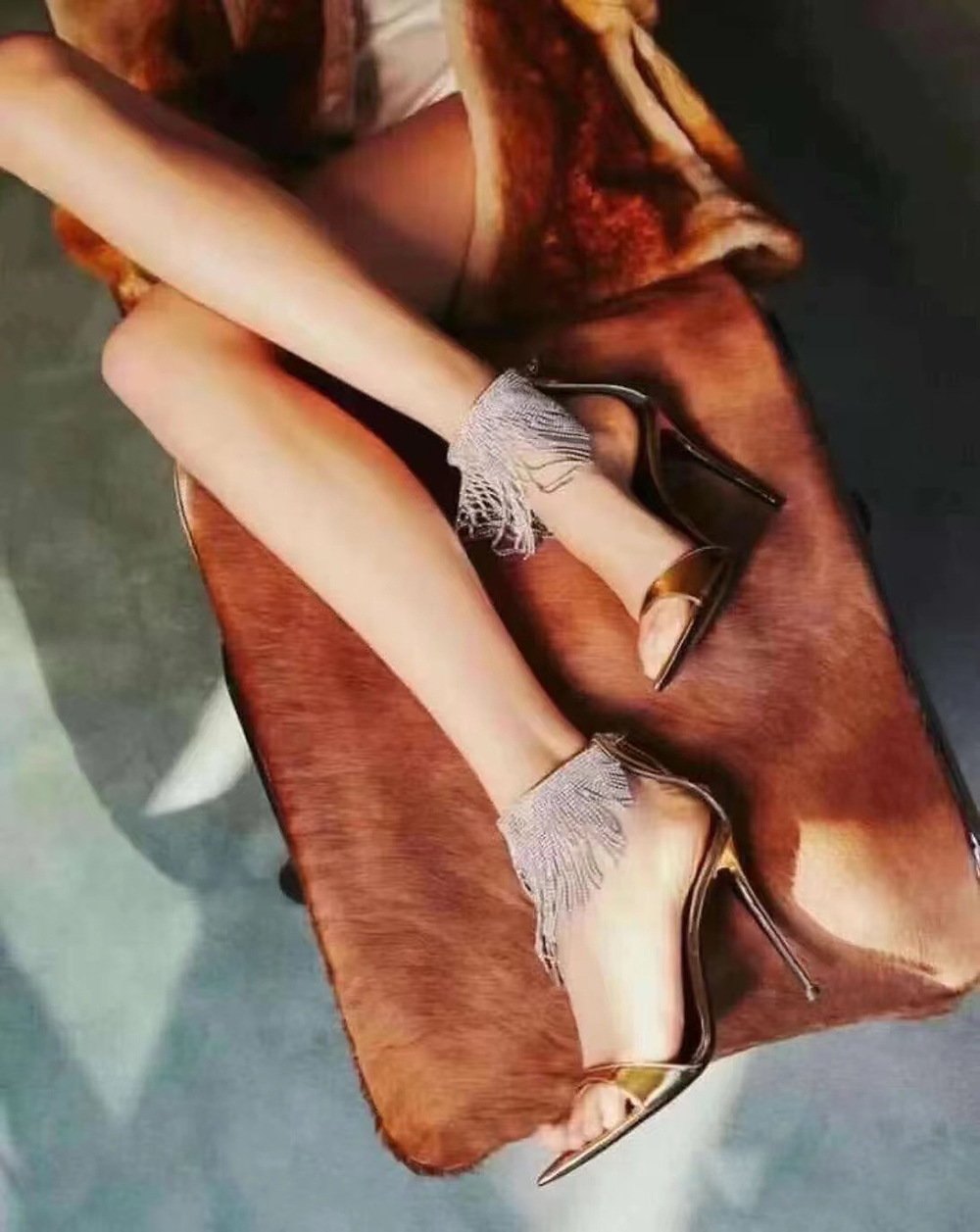Pointed High Heeled Shoes For Women, Slim Heeled Fish Mouth Shoes, Tassel Hollowed Out Rhinestone Banquet Sandals For Women
