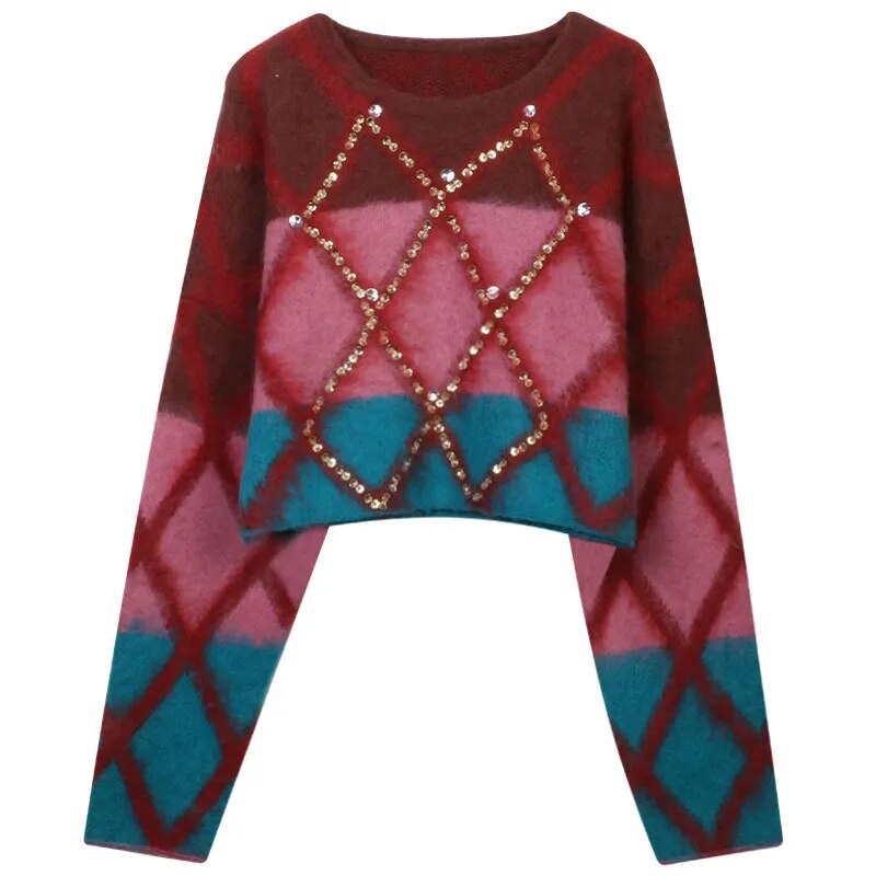 Two-Tone Beaded Cotton Oversized Cropped Sweater