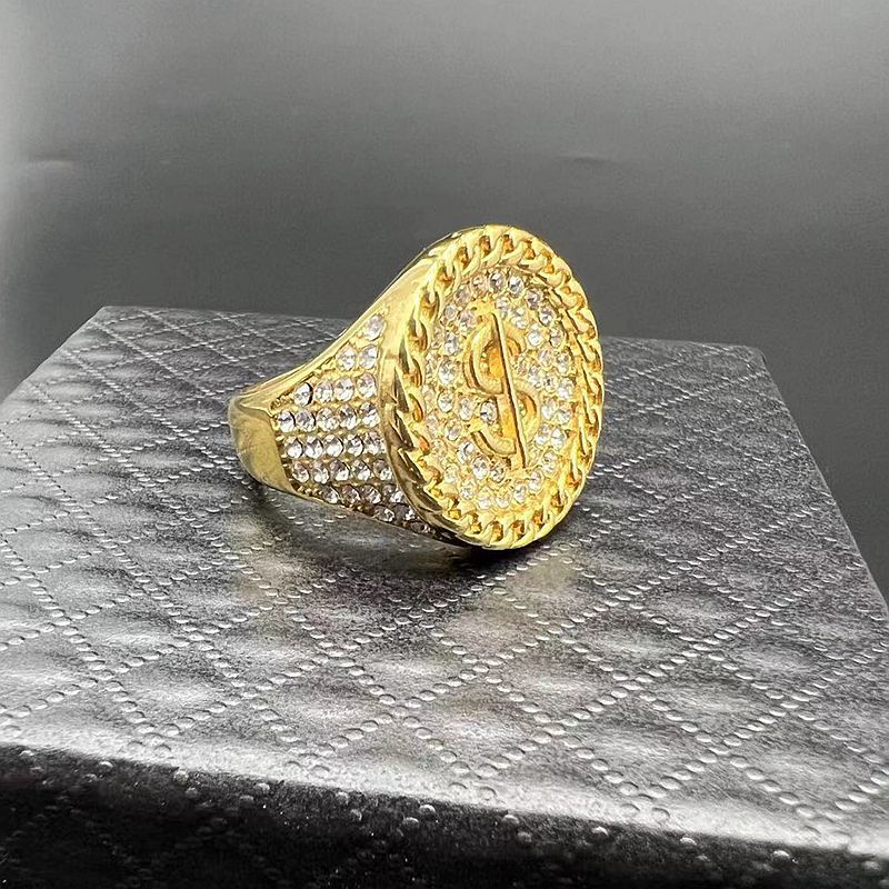 Nightclub New Ring Titanium Steel Plated Water Diamond Dollar Symbol Men's Ring
