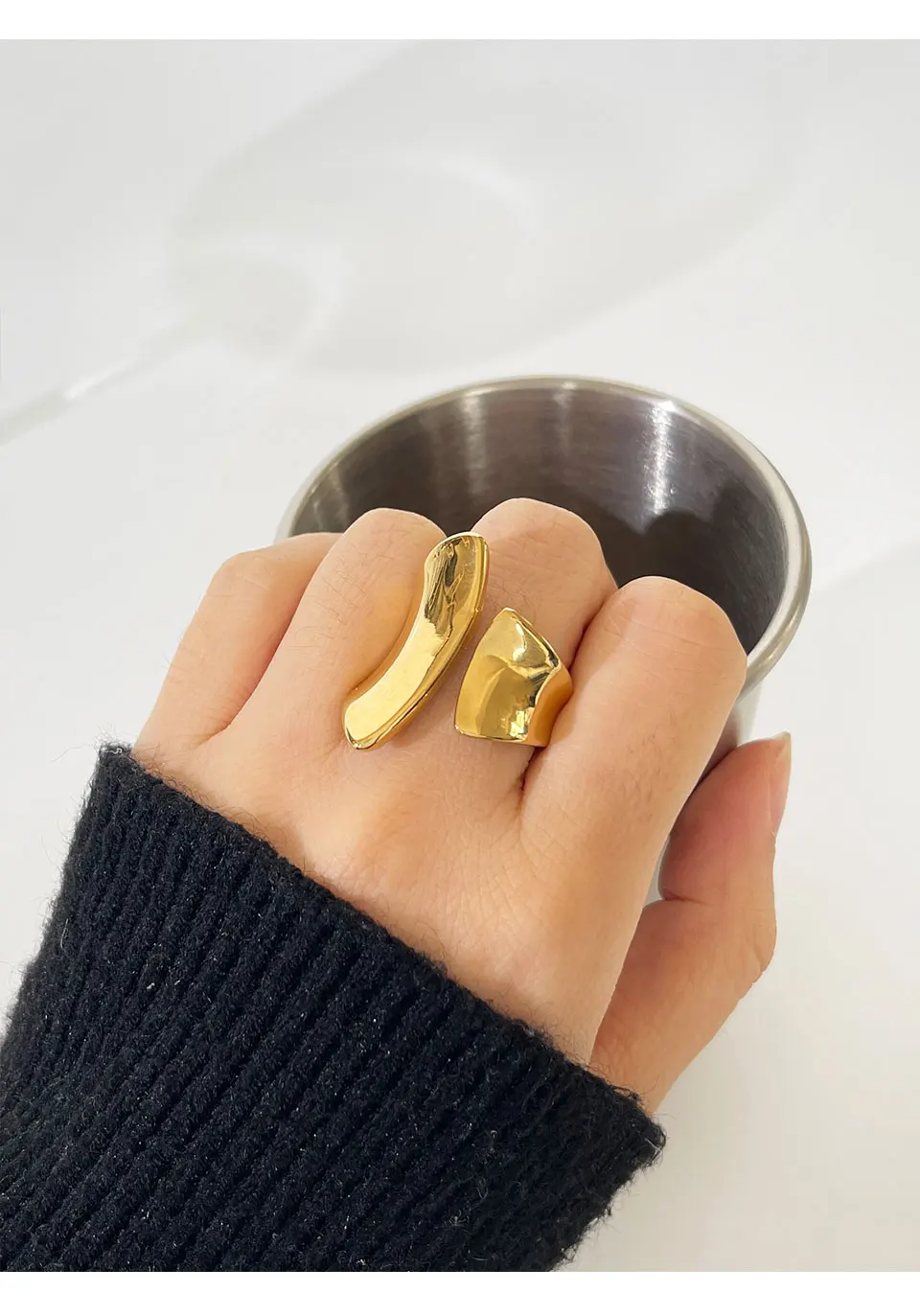 Gold Plated Irregular Wide Open Ring for Lady Stainless Steel Non-Tarnish Chunky Statement Rings Jewelry