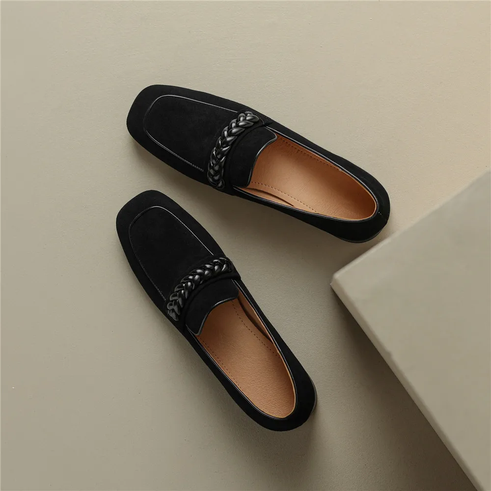 Concise Solid Color Women Soft Kid Suede Flats Slip On Round Toe Casual Street Shoes Handmade For Ladies