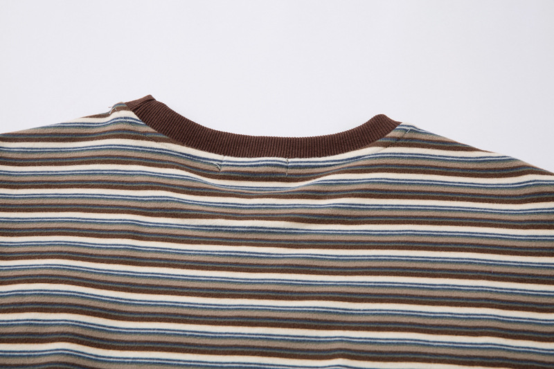 Retro Front Handmade Knitting Craft Round Neck Striped Long Sleeve T-Shirt Top College Style Couples Wear