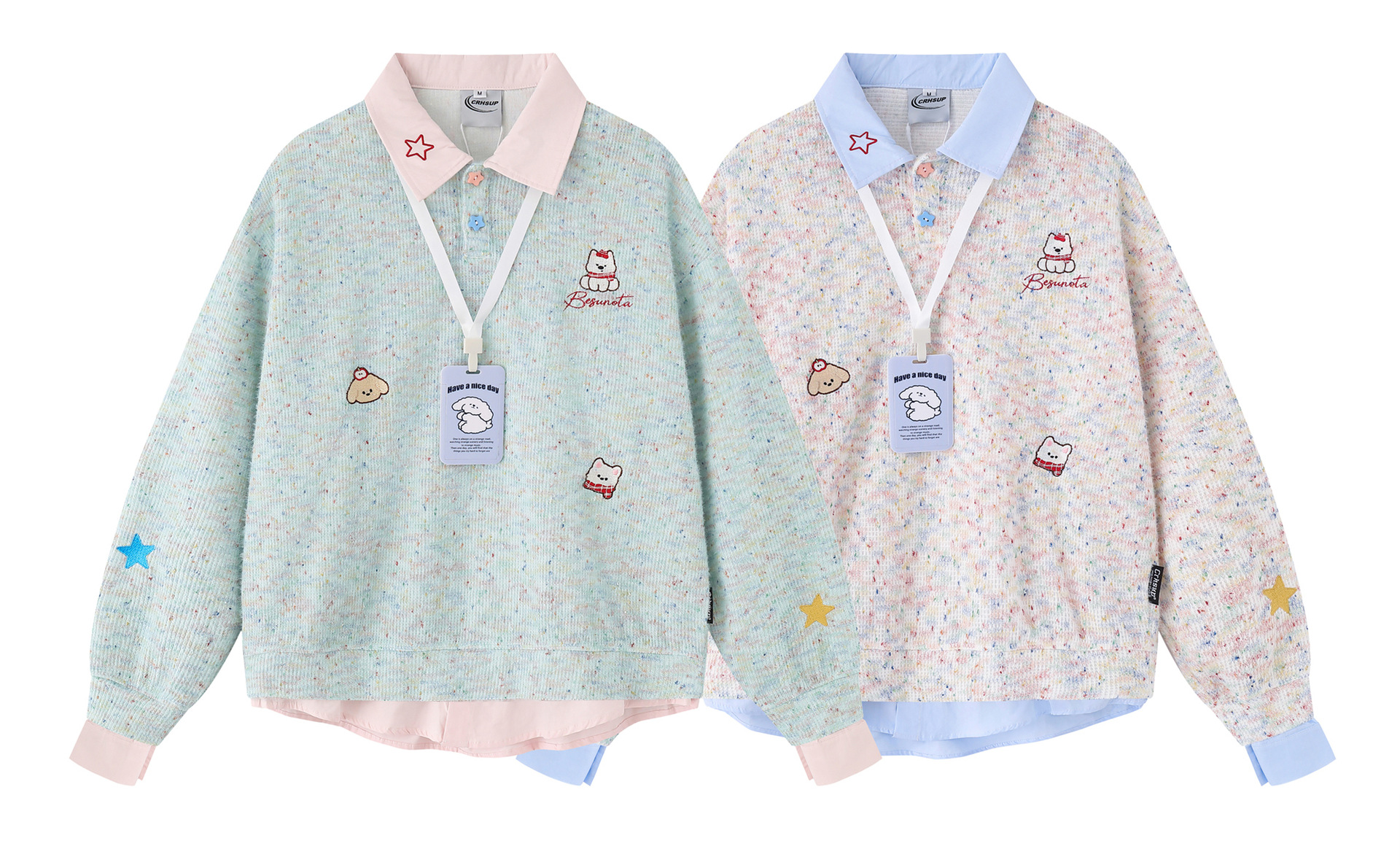Retro Layered Oversized Puppy Motif Fold-Over Sweatshirt