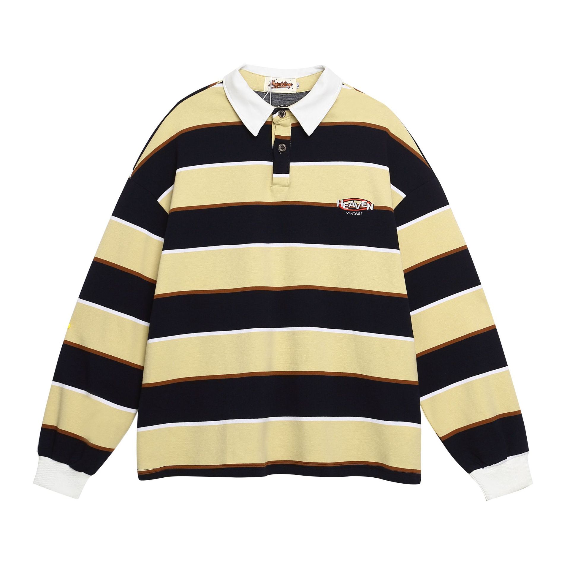 Cotton Stripe Long Sleeve Button Placket Sweater