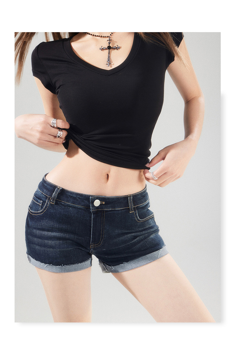 Dark Blue Cuffed Denim Shorts for Women Elastic High Waist Washed Versatile Spicy Girl Sexy Hot Pants