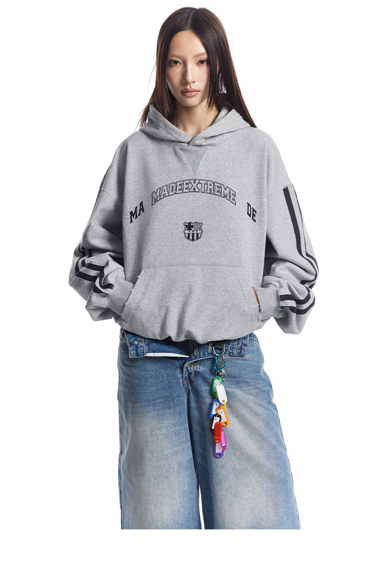 Vintage Letter Print Loose Fit Casual Hooded Sweatshirt