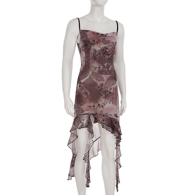 Vintage Print Irregular Hem Lace-Up Mesh Dress with Ruffle Edge and Strapless Design