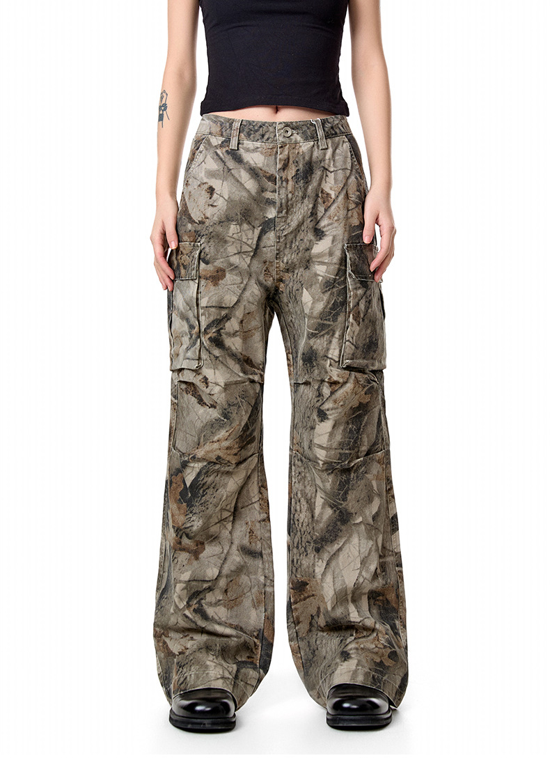 Distressed Camouflage Print Casual Pants Workwear Multi-Pocket Straight Loose Long Pants