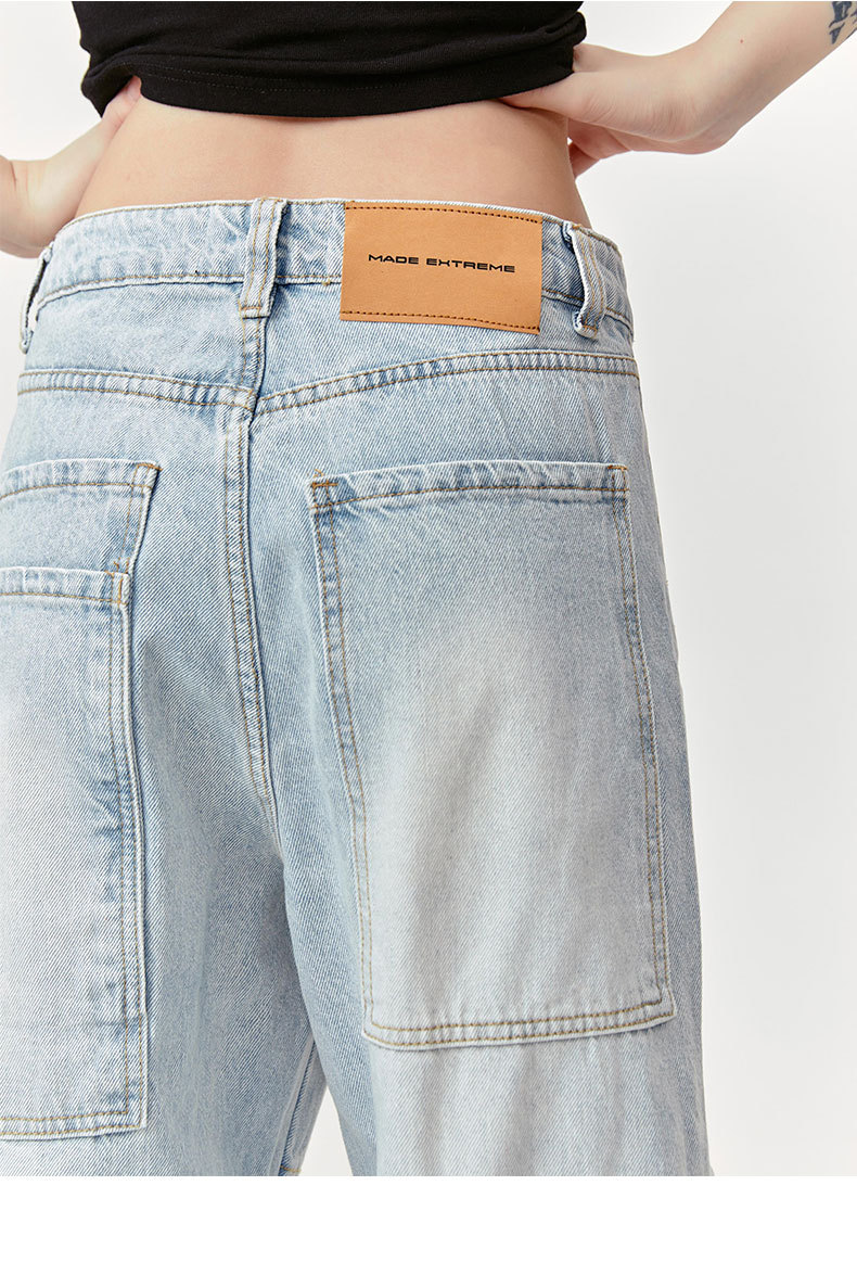 Washed Leg White Faded Multi-Pocket Straight Tapered Jeans Long Pants