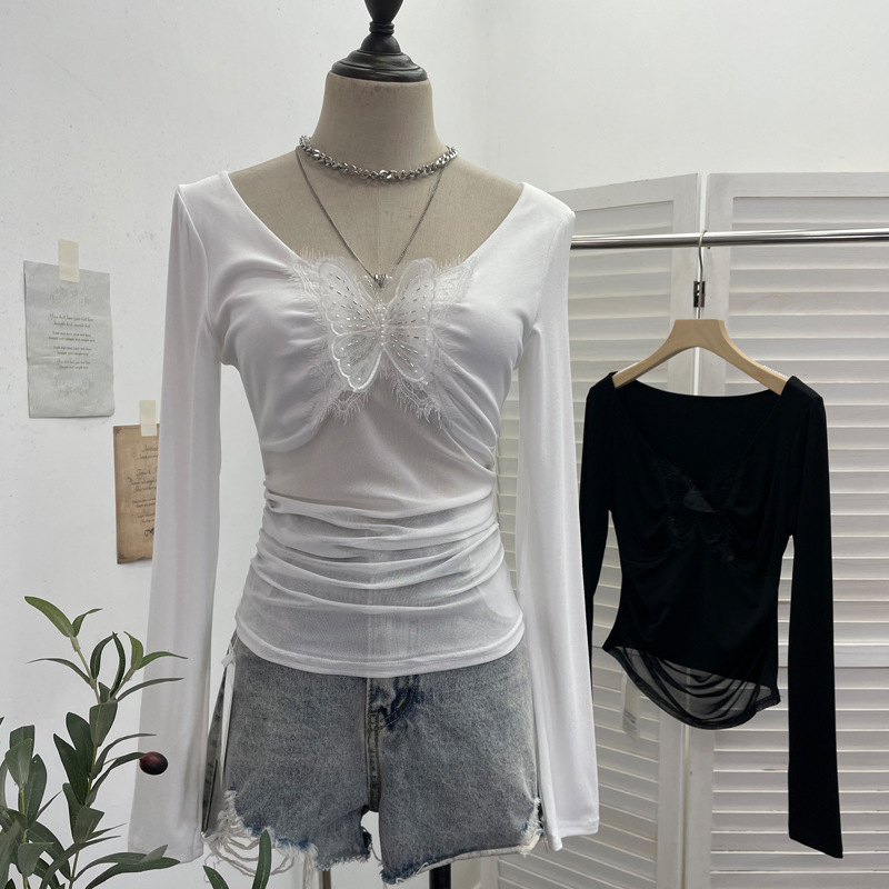 Full Sleeve V-Neck Openwork Slim Fit Tee