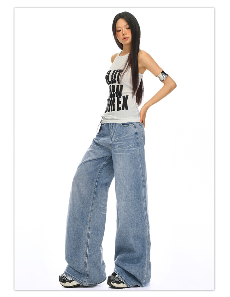 Vintage Washed Crease Wide Leg Pants Women High Waist Loose Slimming Drape Denim Pants Summer New Style