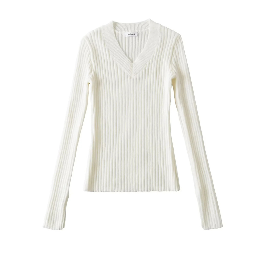 Plain Ladies Deep V Body-Hugging Knitted Sweater