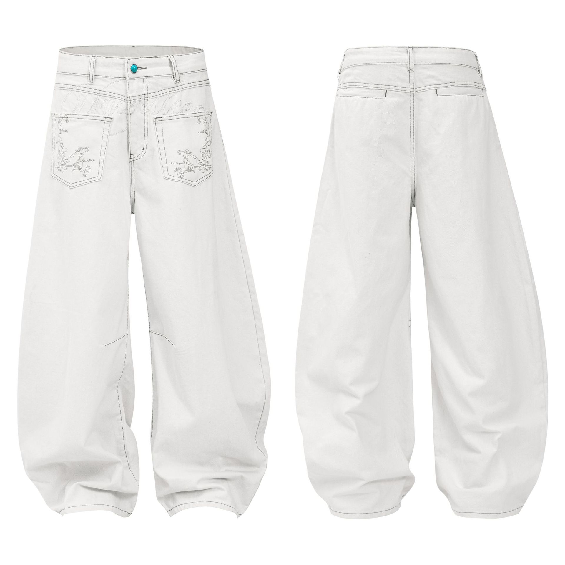 Street Style Retro White Denim Embroidered Deconstructed Design Men's Loose Knife Cut Jeans