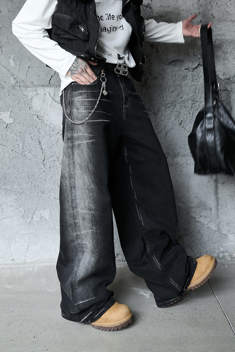 Vintage Washed Lightning Pattern Straight Leg Jeans Men High Quality Gradient Trendy Brand Wide Leg Pants