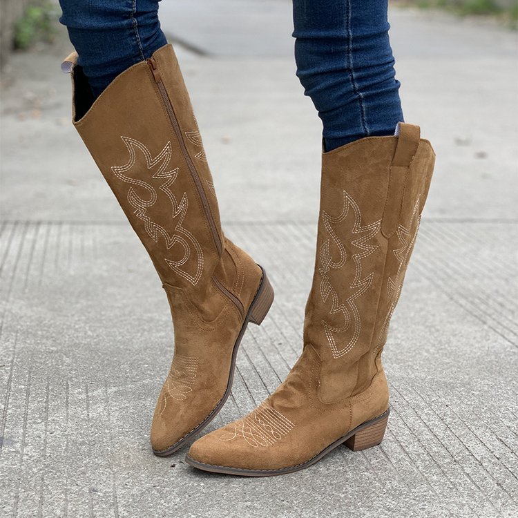 Brown thick heeled mid calf knight boots short boots Western cowboy