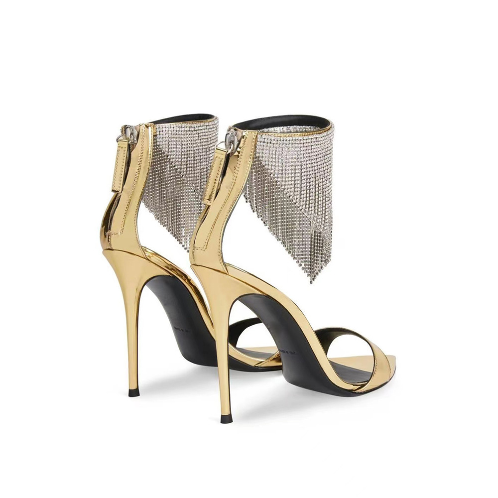 Pointed High Heeled Shoes For Women, Slim Heeled Fish Mouth Shoes, Tassel Hollowed Out Rhinestone Banquet Sandals For Women