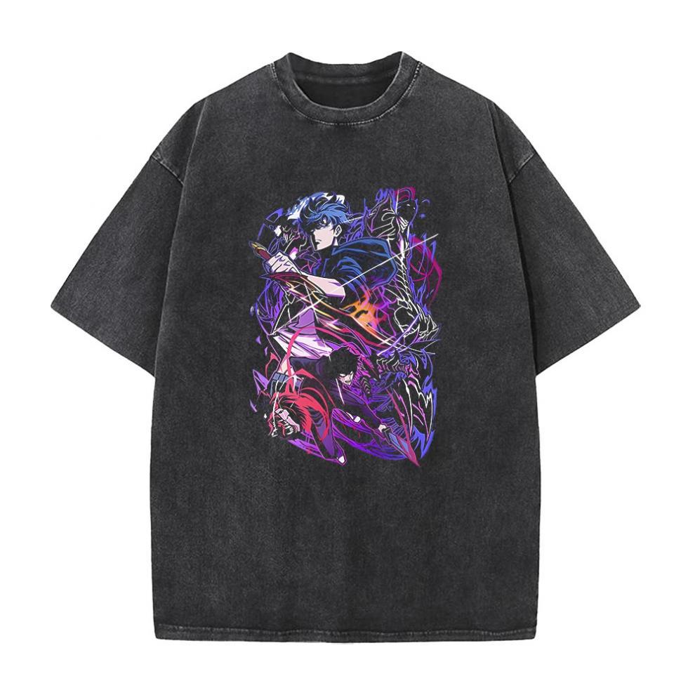 Anime Solo Leveling Printed T-Shirt Summer Cotton Washed Vintage Short Sleeve