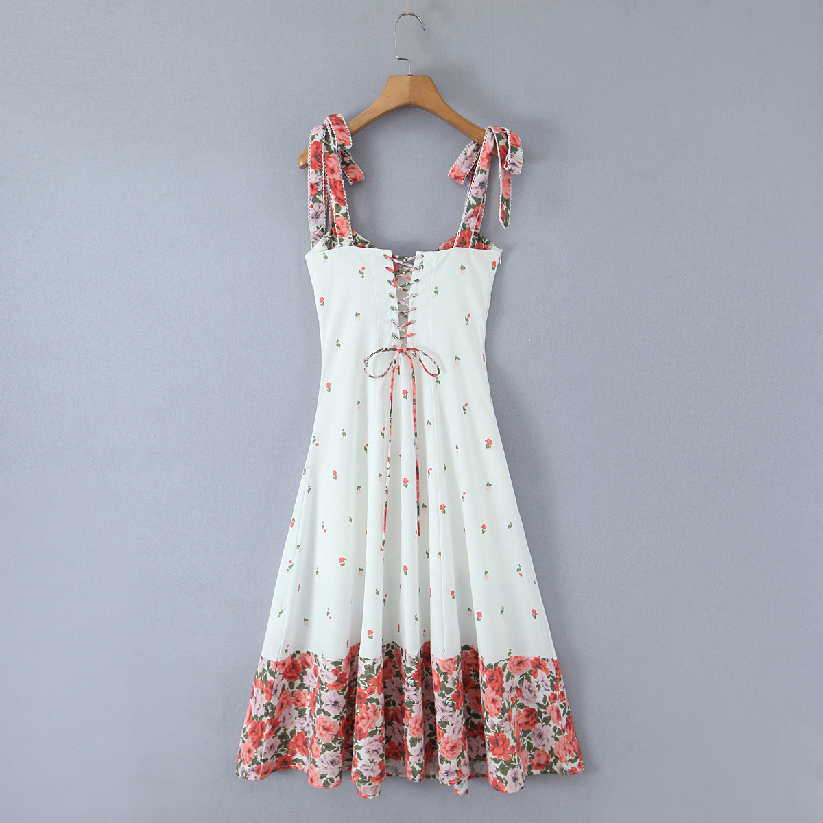 Splicing floral bow tie strap suspender dress