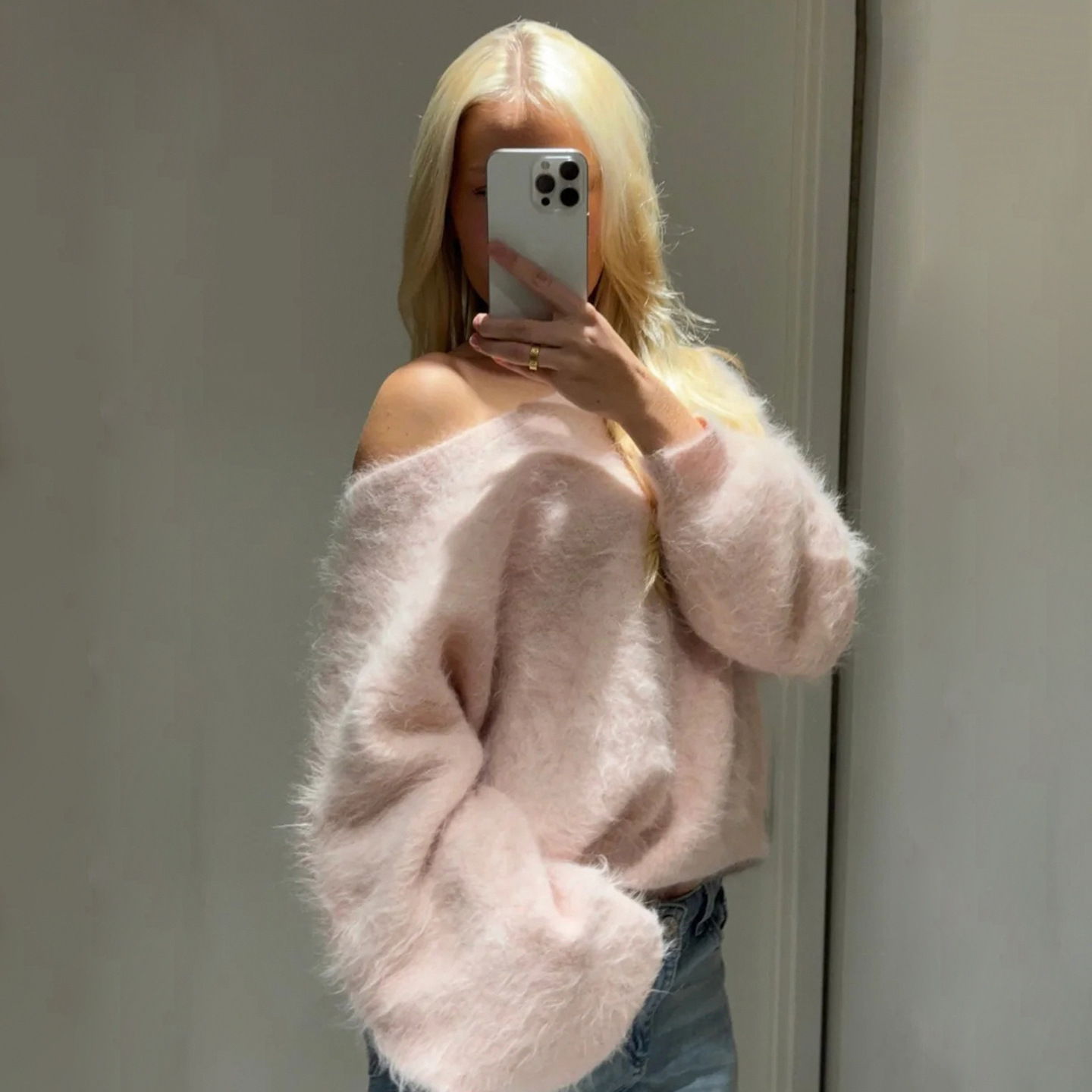 Ladies Relaxed Round Neck Plain Furry Sweater