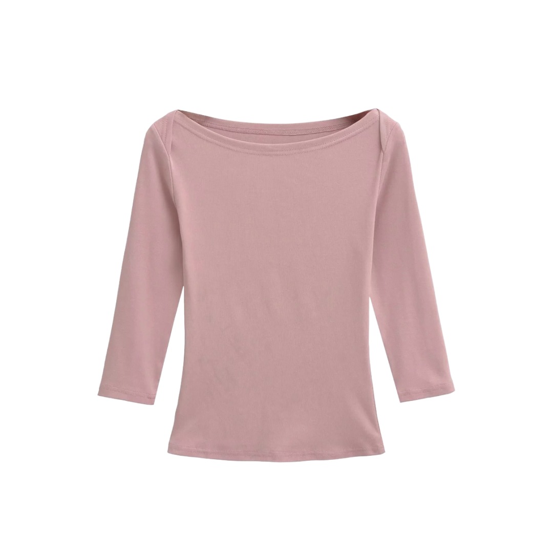 Slim Fit Plain Asymmetric Neck Elbow-Length Midriff Tee