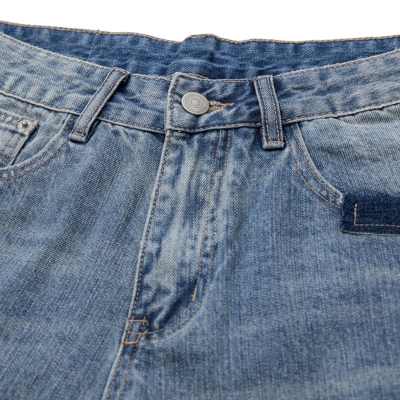 Patchwork Ripped Washed Denim Pants Men Casual All-Match Vintage Look