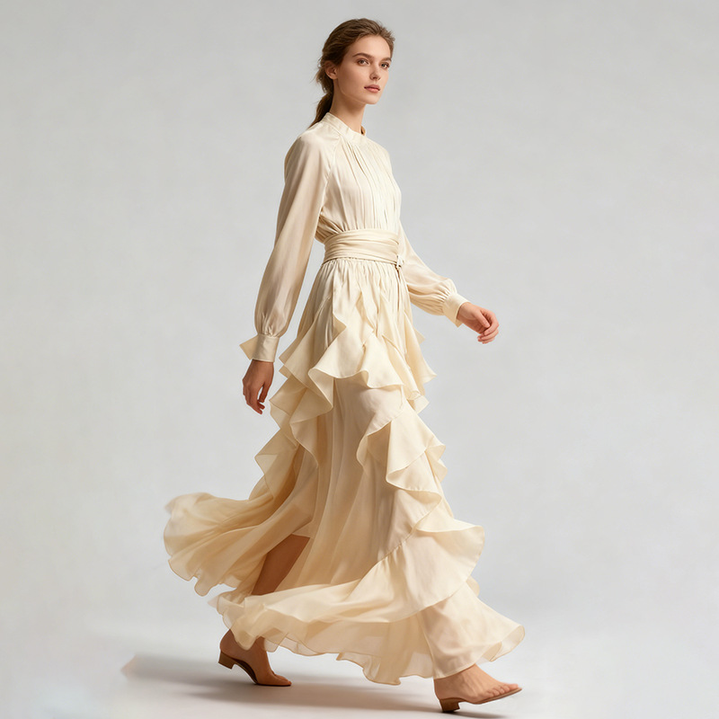 Cotton Blend Fit and Flare Ruffle Maxi Dress