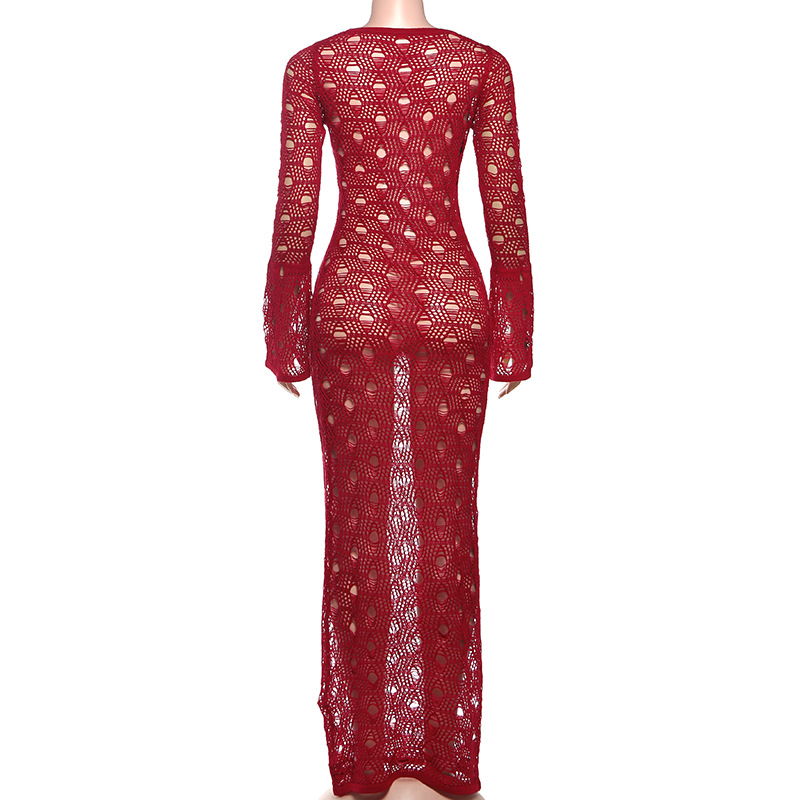 U-Neck Long-Sleeve Polyester High-Waist Sheer Bodycon Dress