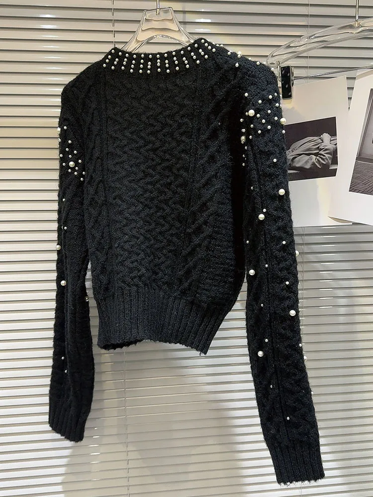 Ladies Beaded Mesh Crew Sweater