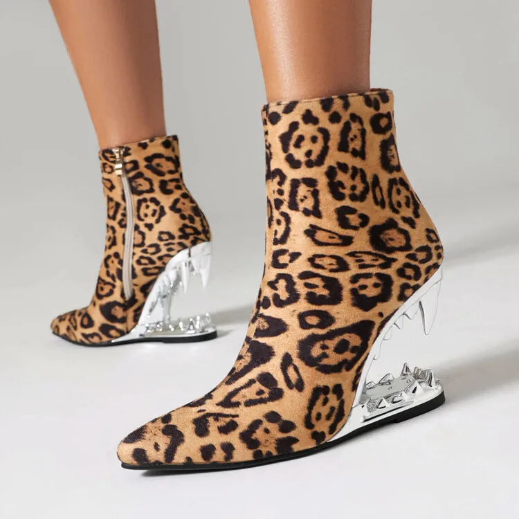 Hollow Out Tiger Tooth Shaped Heel Design Short Boots New Fashionable Leopard Print Zebra Zippered Women's Ankle Boot