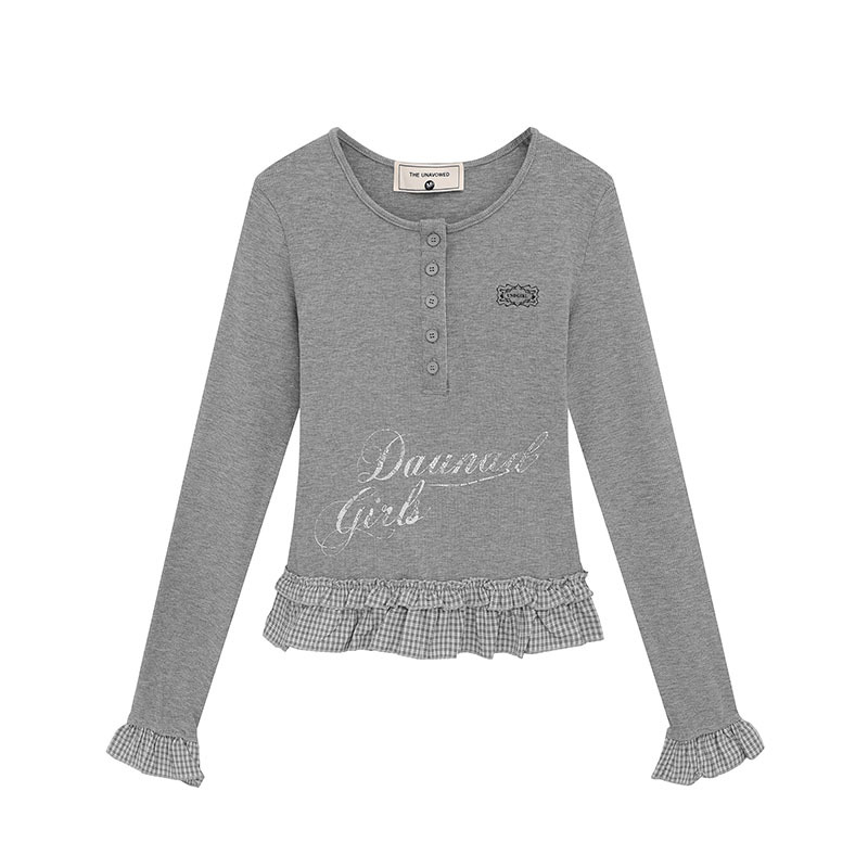 T-Shirt Women Unique Personality Plaid Ruffle Splicing Slim Long Sleeve Base Shirt Top Trendy