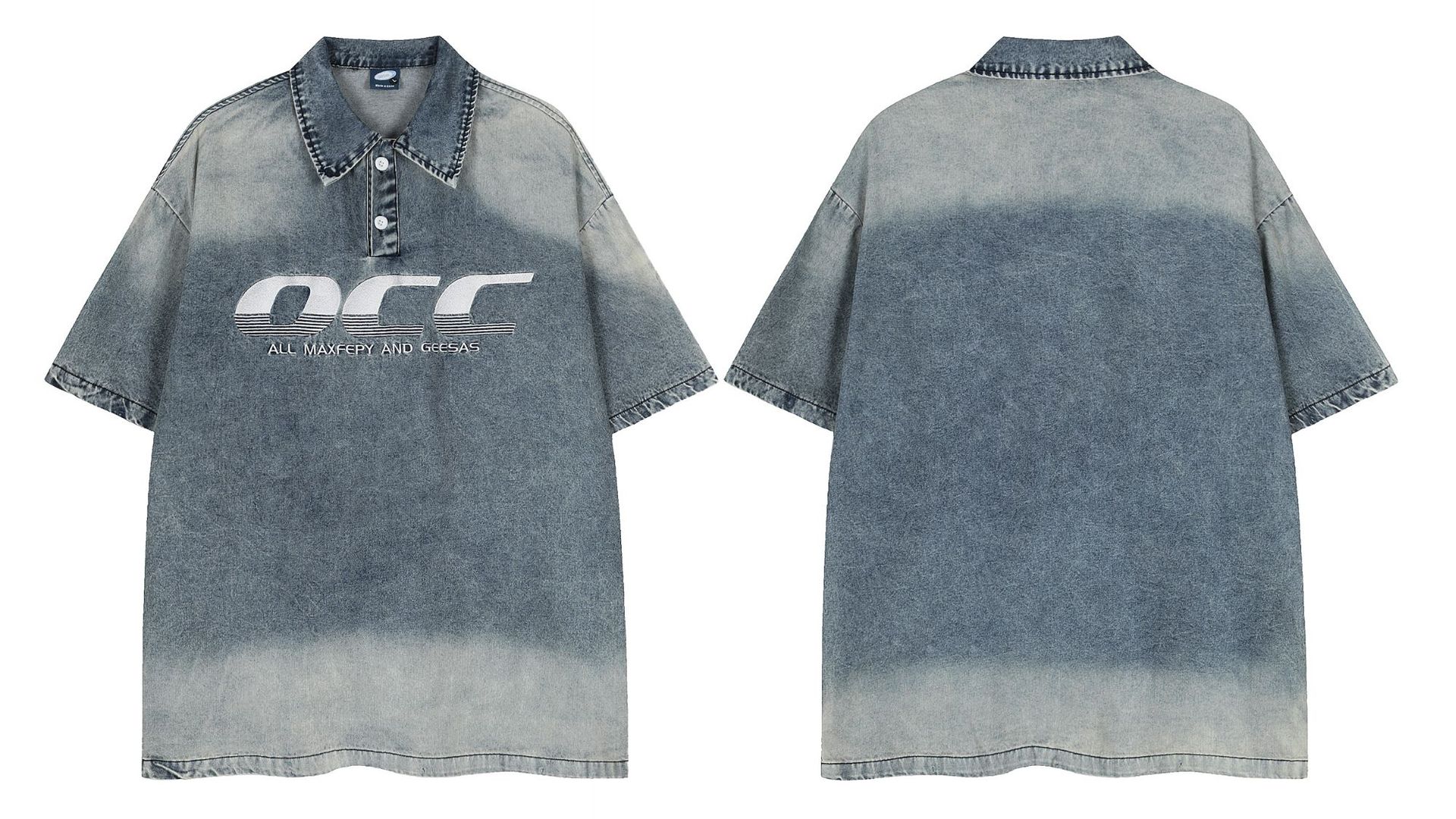 Washed Letter Embroidery Turn-Down Collar Short Sleeve T-Shirt for Men and Women Vintage Summer Loose Casual Top