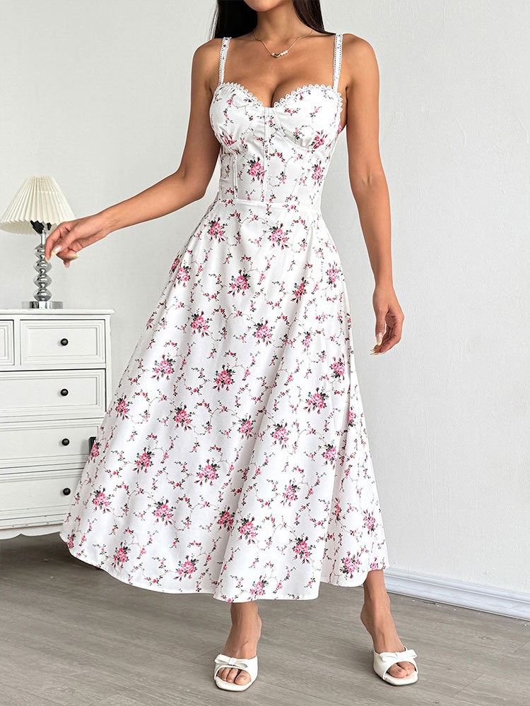 Ladies Patterned V-Neck Bare Shoulder Fitted Maxi Dress