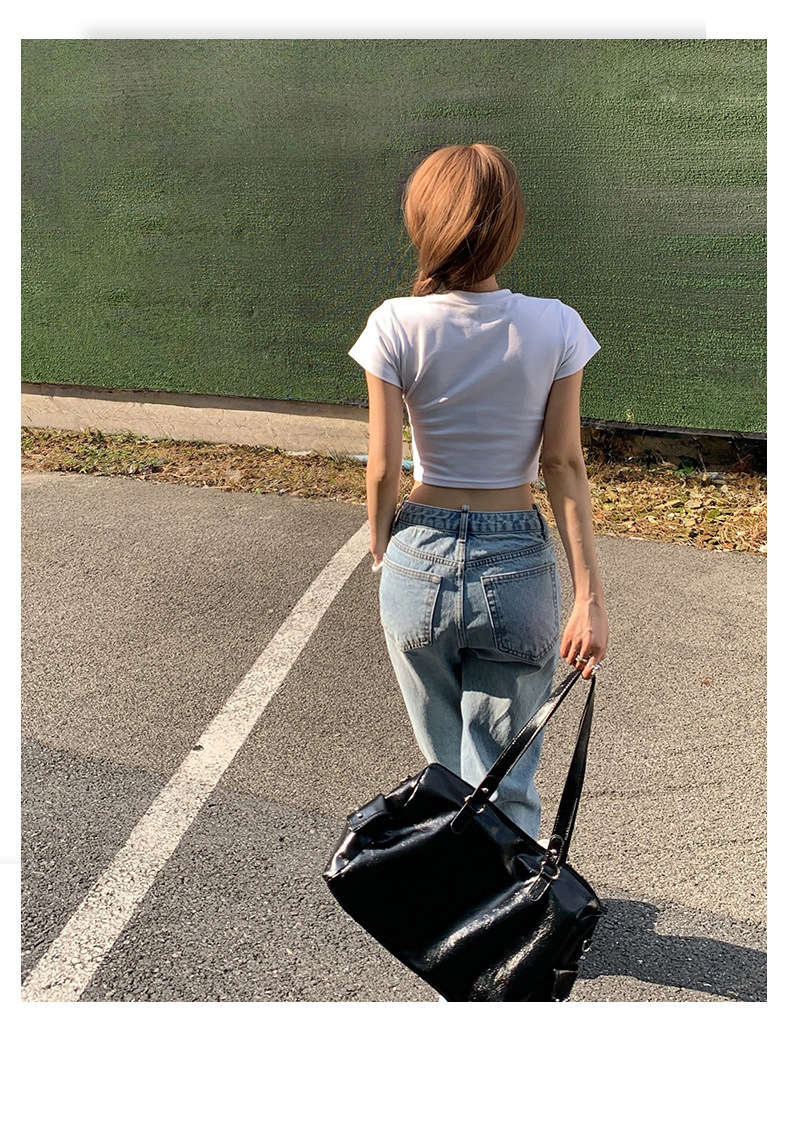 Washed Blue V-neck Waist Straight Leg Jeans Women Loose Slimming High-waisted Versatile Drape Floor-length Pants