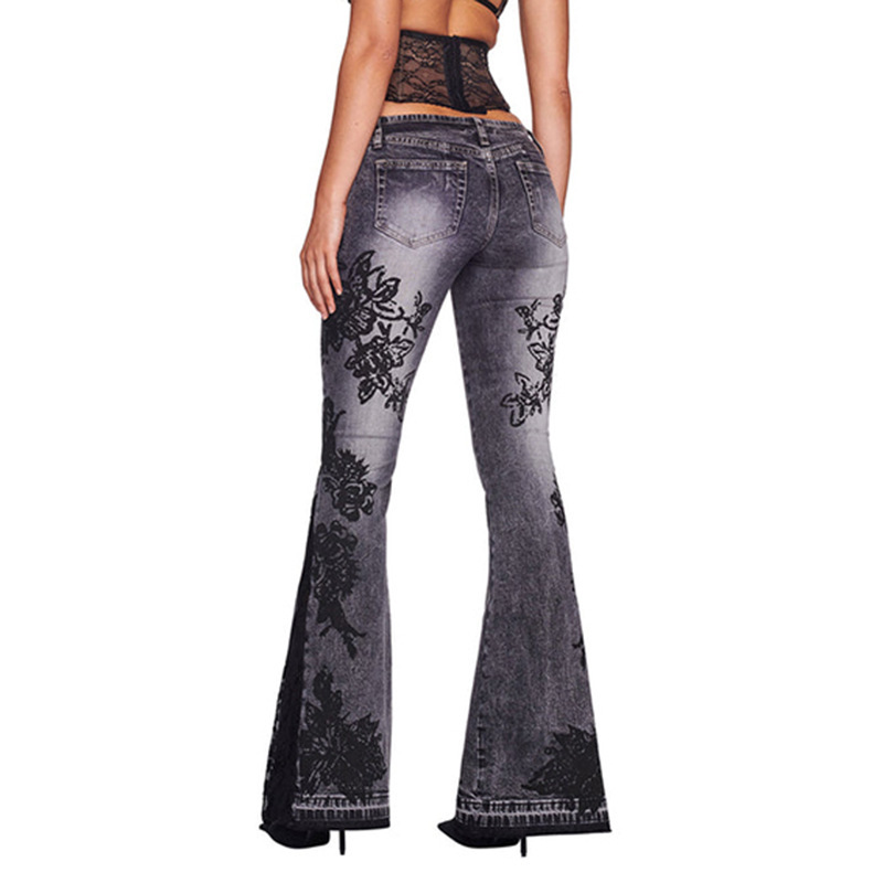 Retro plant print washed water slim fit and slimming flared jeans
