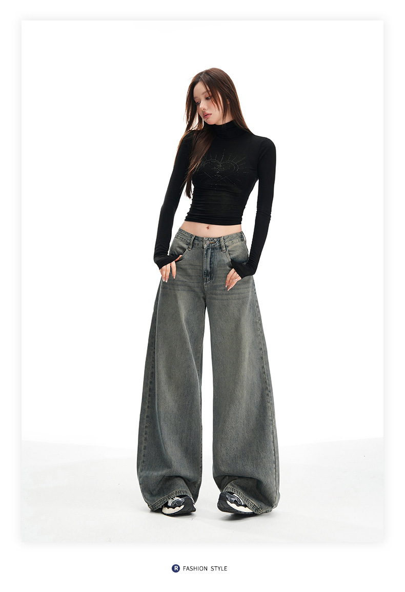 Women's Wide-Leg Pants Loose Fit High-Waist Trousers Slimming Multi-Purpose Denim Pants with Vintage Color Washed Effect