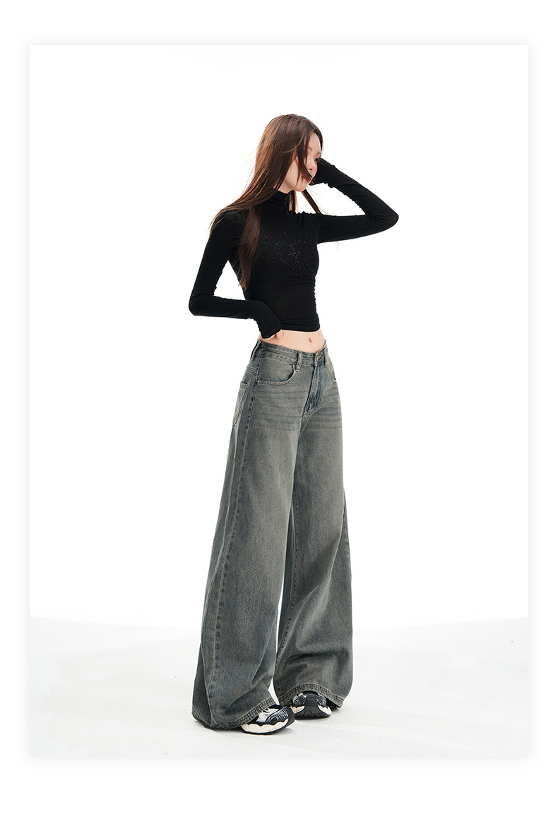 Women's Wide-Leg Pants Loose Fit High-Waist Trousers Slimming Multi-Purpose Denim Pants with Vintage Color Washed Effect