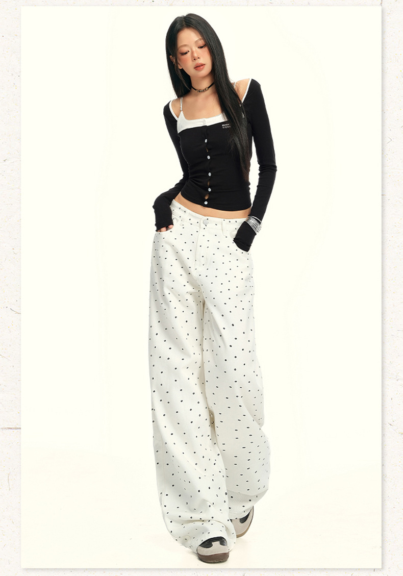 Women's Black and White Polka Dot Slimming Loose Straight Jeans High Waist Wide Leg Pants