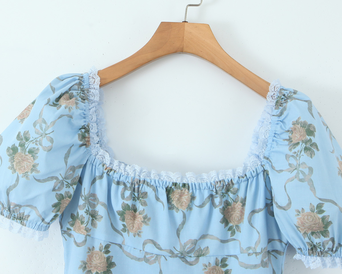 Lace square neck short dress slim fit bubble sleeve mini skirt