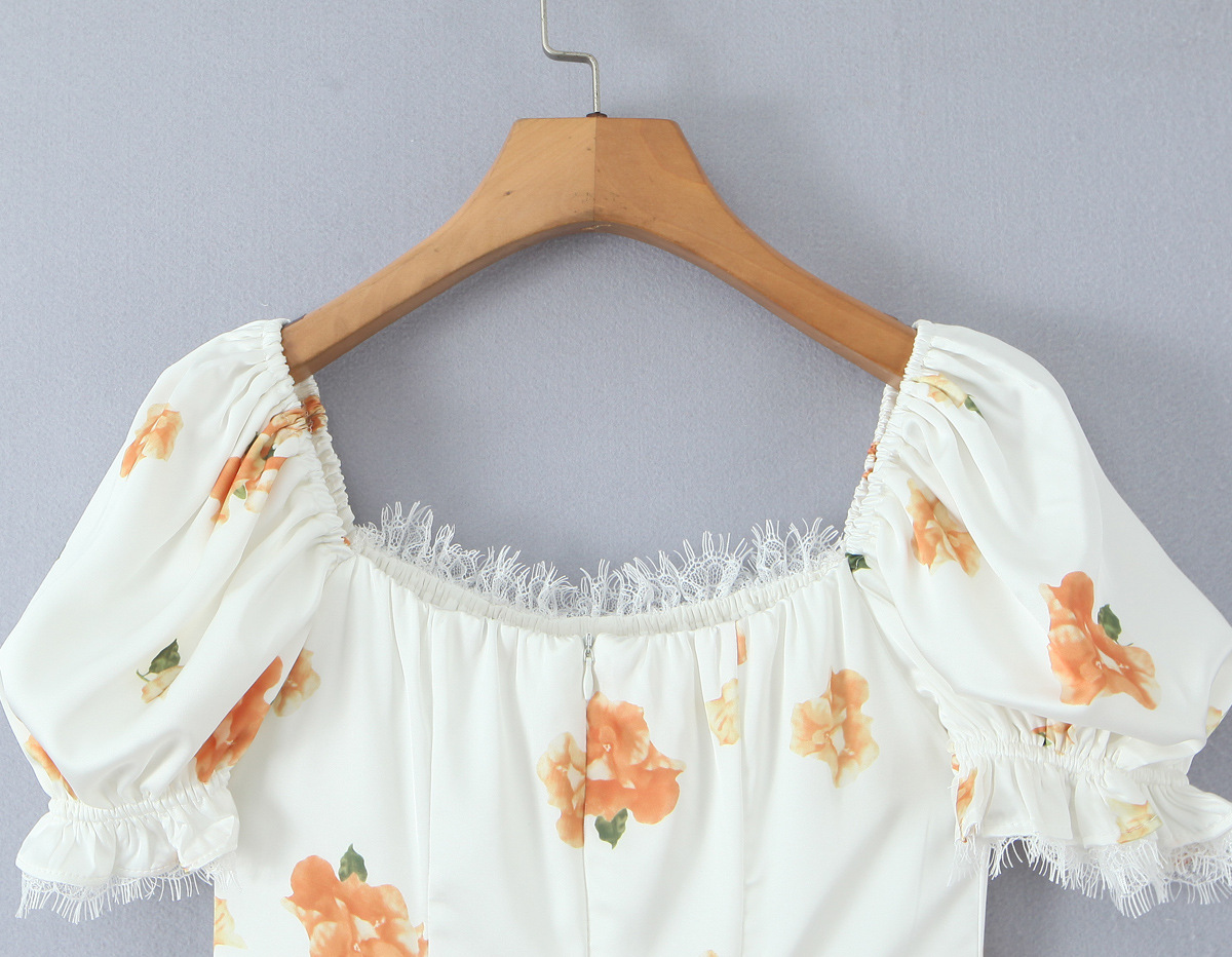 Box Neck Puff Mini Flower Dress