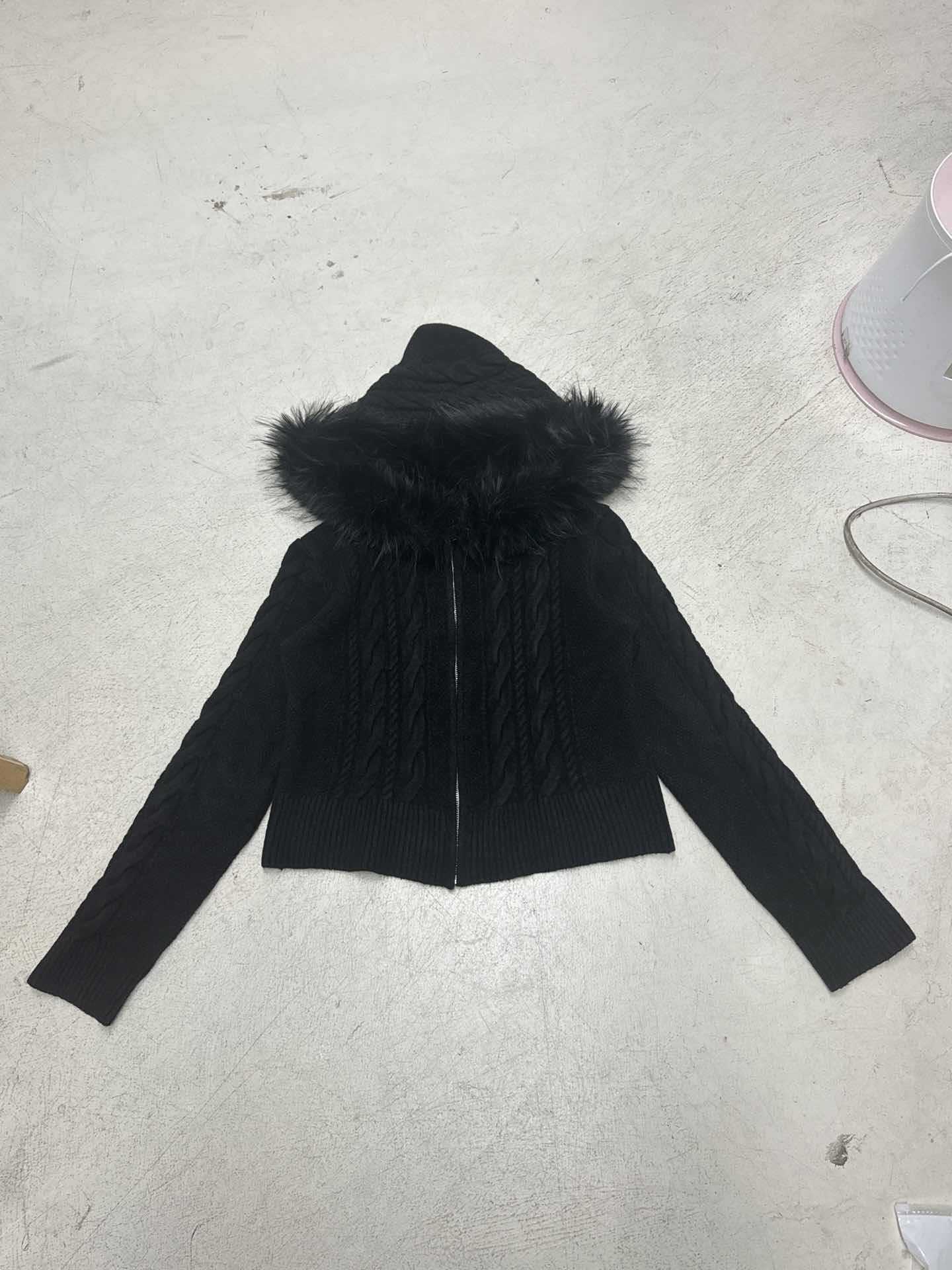 Vintage Herringbone Zip Hood Loose Cardigan