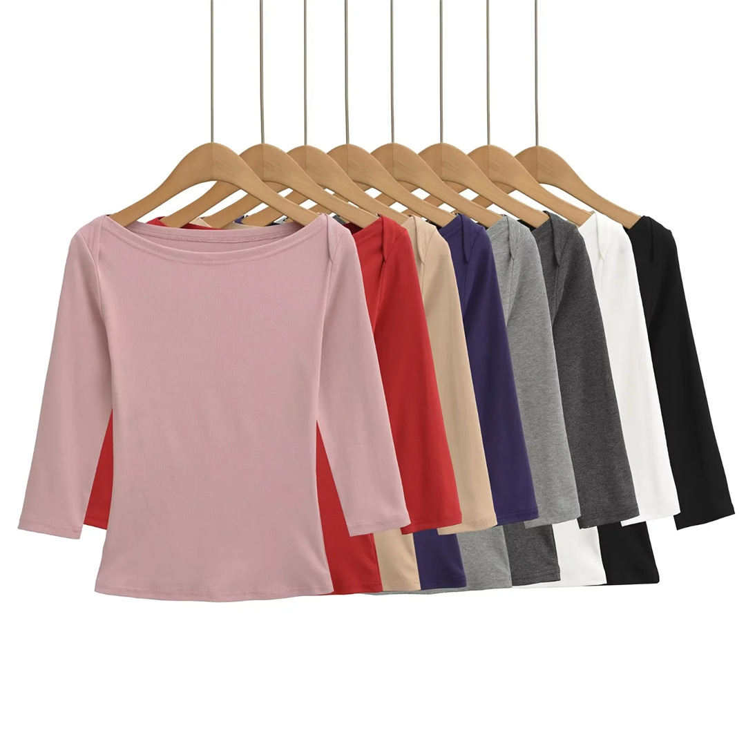 Slim Fit Plain Asymmetric Neck Elbow-Length Midriff Tee