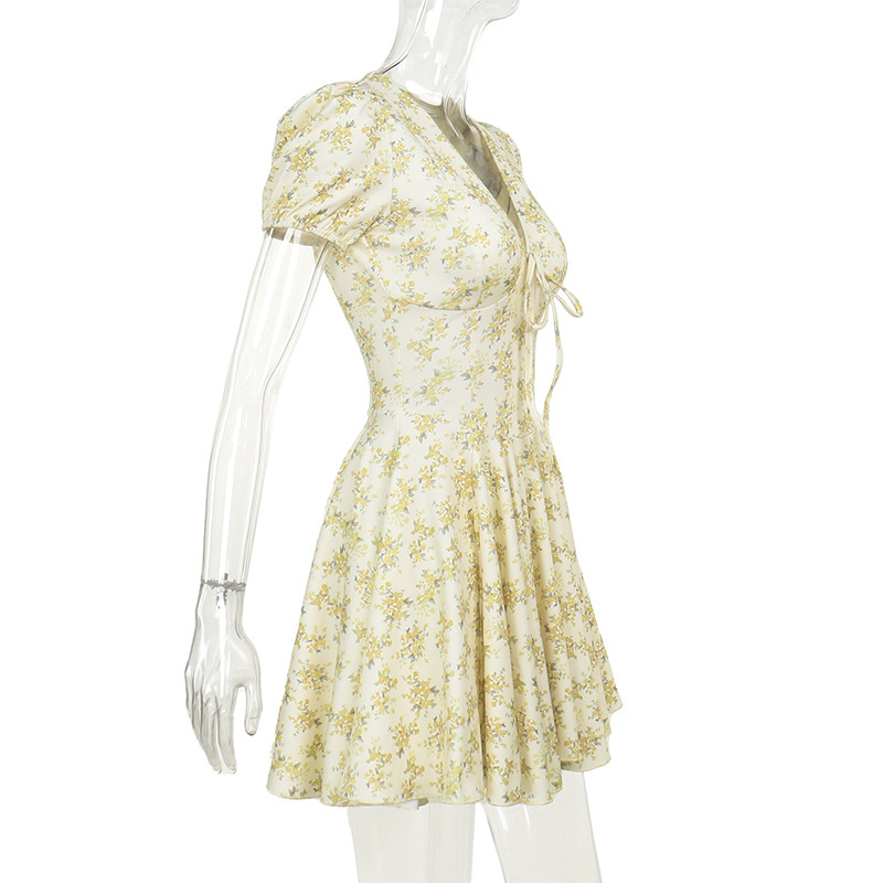 A-Line High Waist Short-Sleeve V Neck Botanical Dress