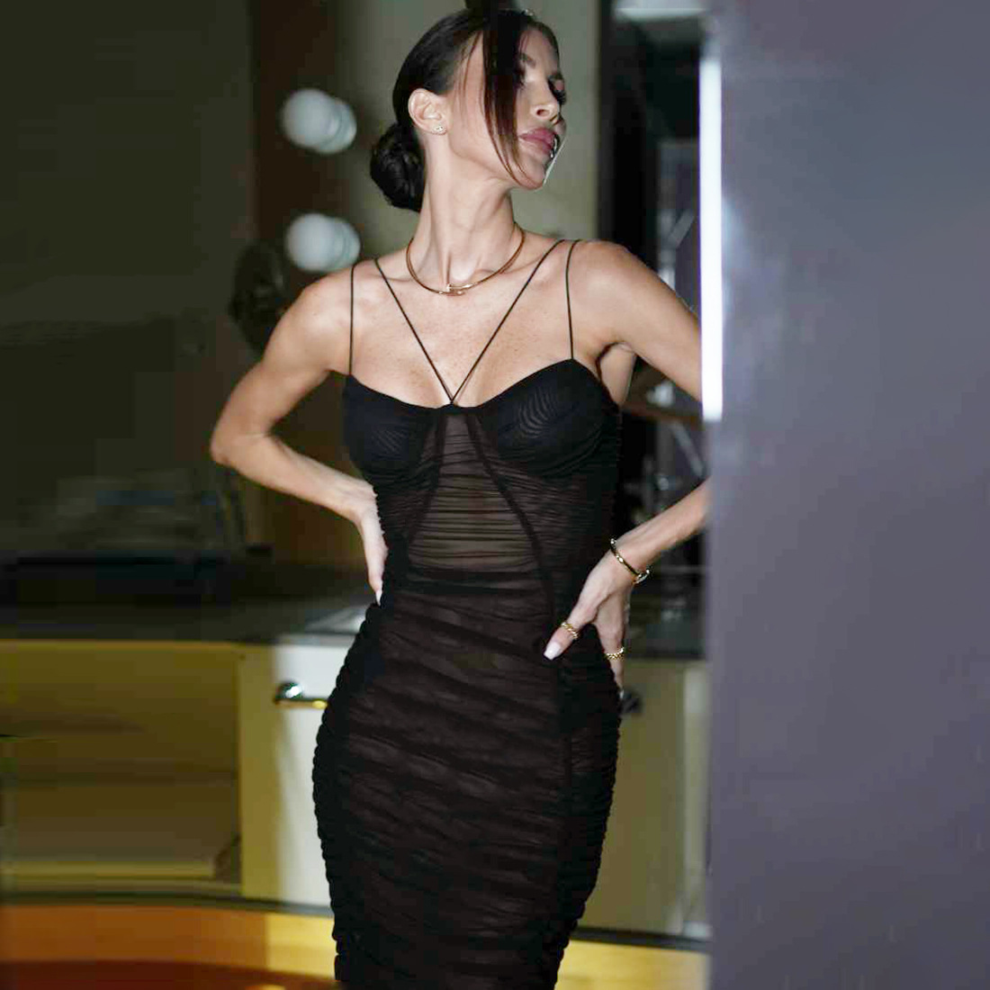 Plunging Sleeveless Spaghetti Strap Fluted Open Back Dress