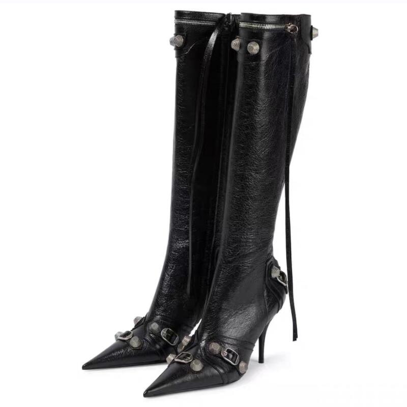Women's Autumn and Winter Pointed Toe Metal Buckle Zipper Knee Boots Stiletto Rivet High Heels Luxury Shoes