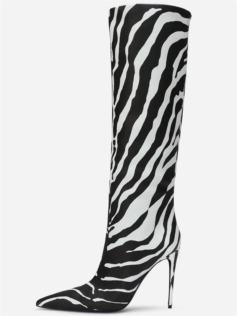 Pointed thin heel leopard print long boots for women's fashionable and sexy high boots for women's shoes