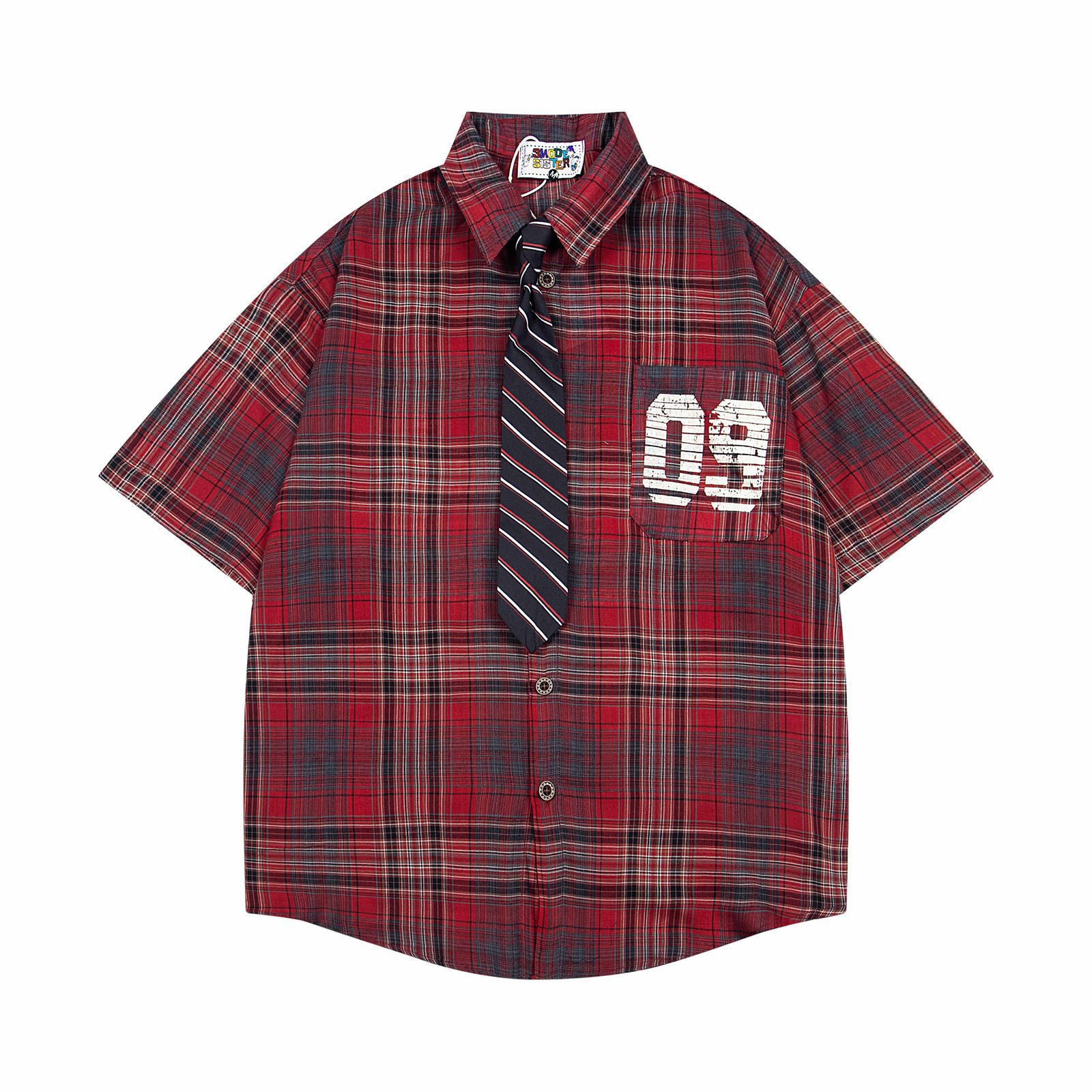 Retro College Style Plaid Short Sleeve Shirt with Tie for Men and Women, Casual Loose BF Couple Fit Blouse