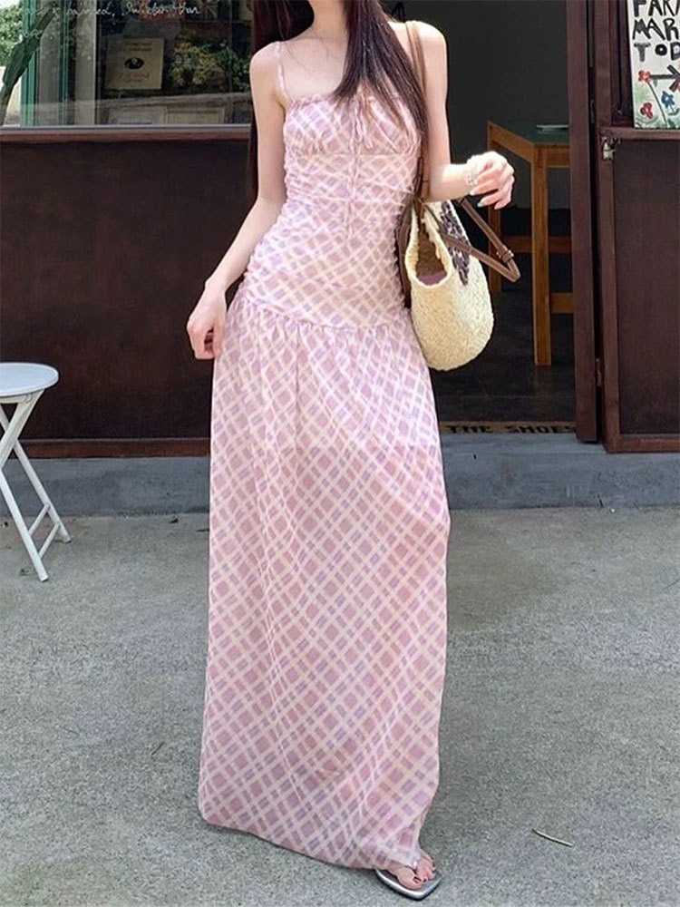 One-Shoulder Checkered Cinched Frill Polyester Dress