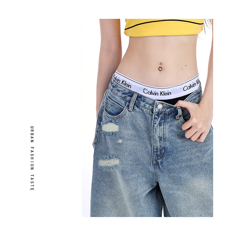 Retro Distressed Seven-Quarter Denim Pants for Women High Waist Slimming Loose Faded Straight Leg Mid-Length Trousers